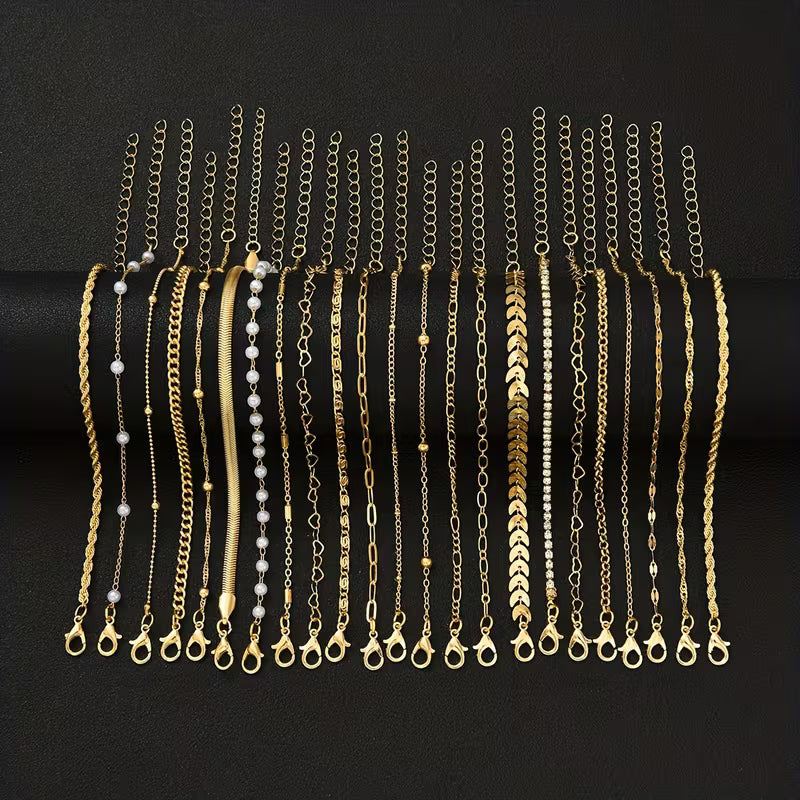 Golden Pearl Chain Bracelet Set of 23