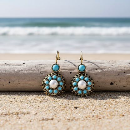 Premium Pearl and Turquoise Bloom Earrings