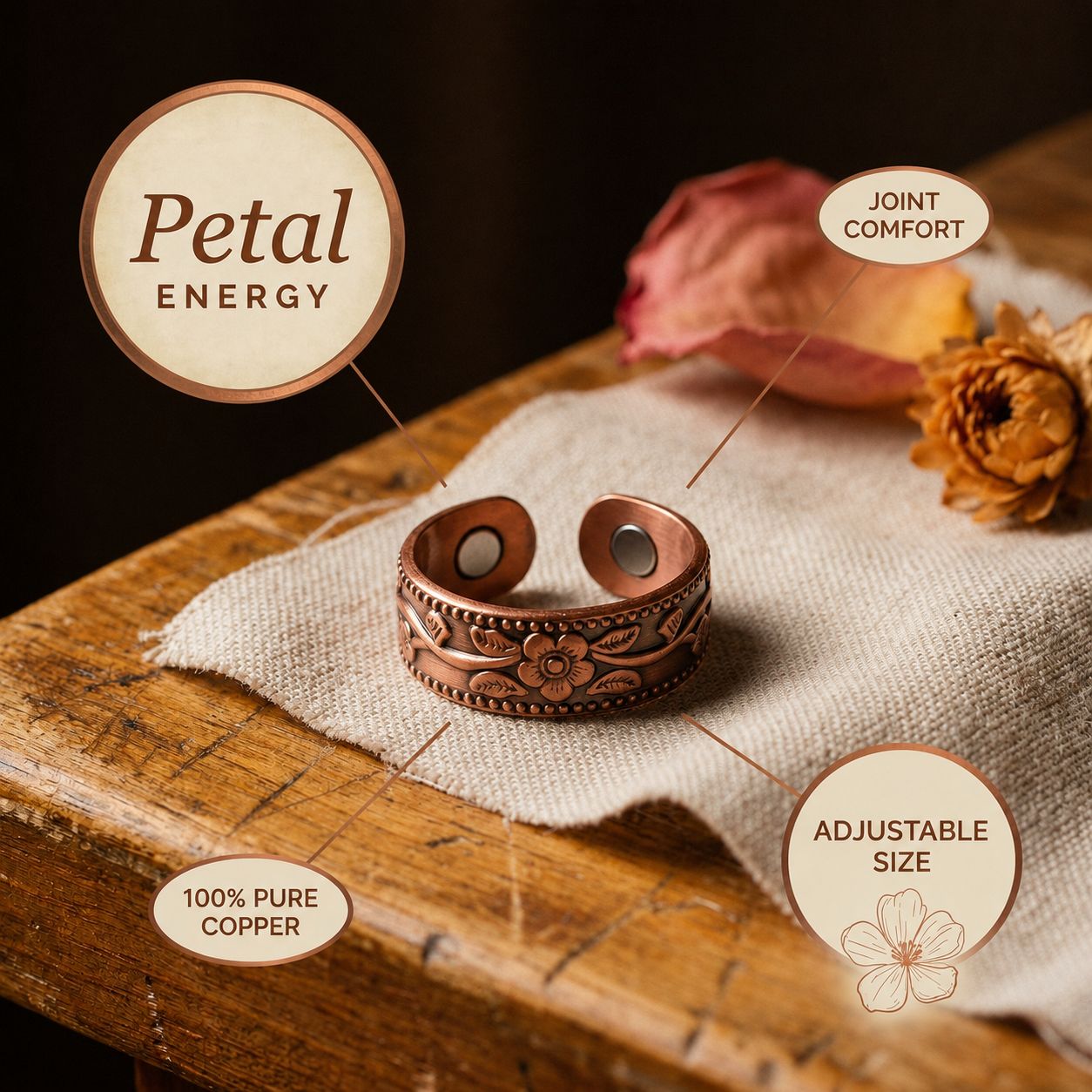 Adjustable Petal Artisan Copper Ring