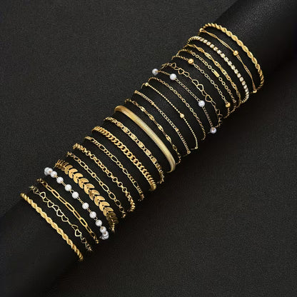 Golden Pearl Chain Bracelet Set of 23