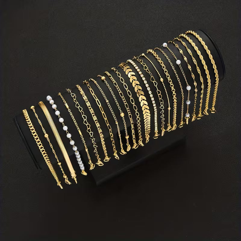 Golden Pearl Chain Bracelet Set of 23